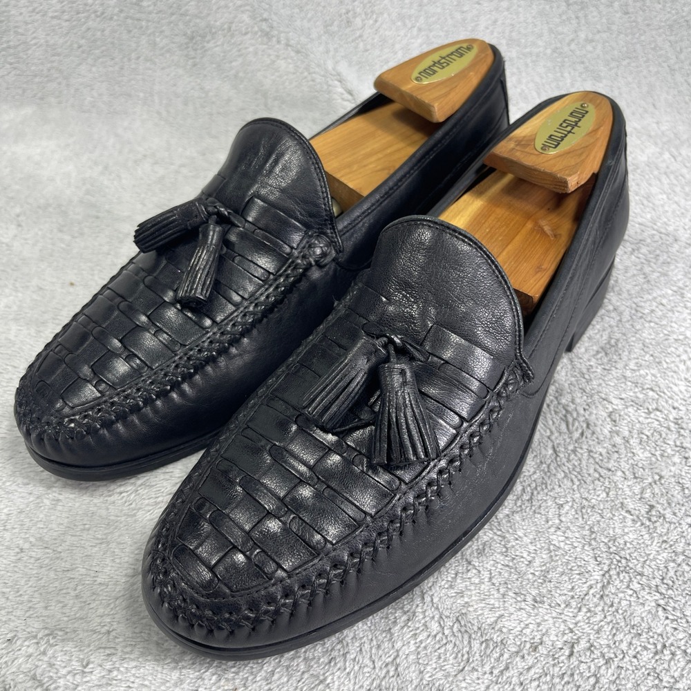 Johnston & Murphy Loafers Mens 8 Black Woven Tassel Moc Toe Slip On Dress Shoes